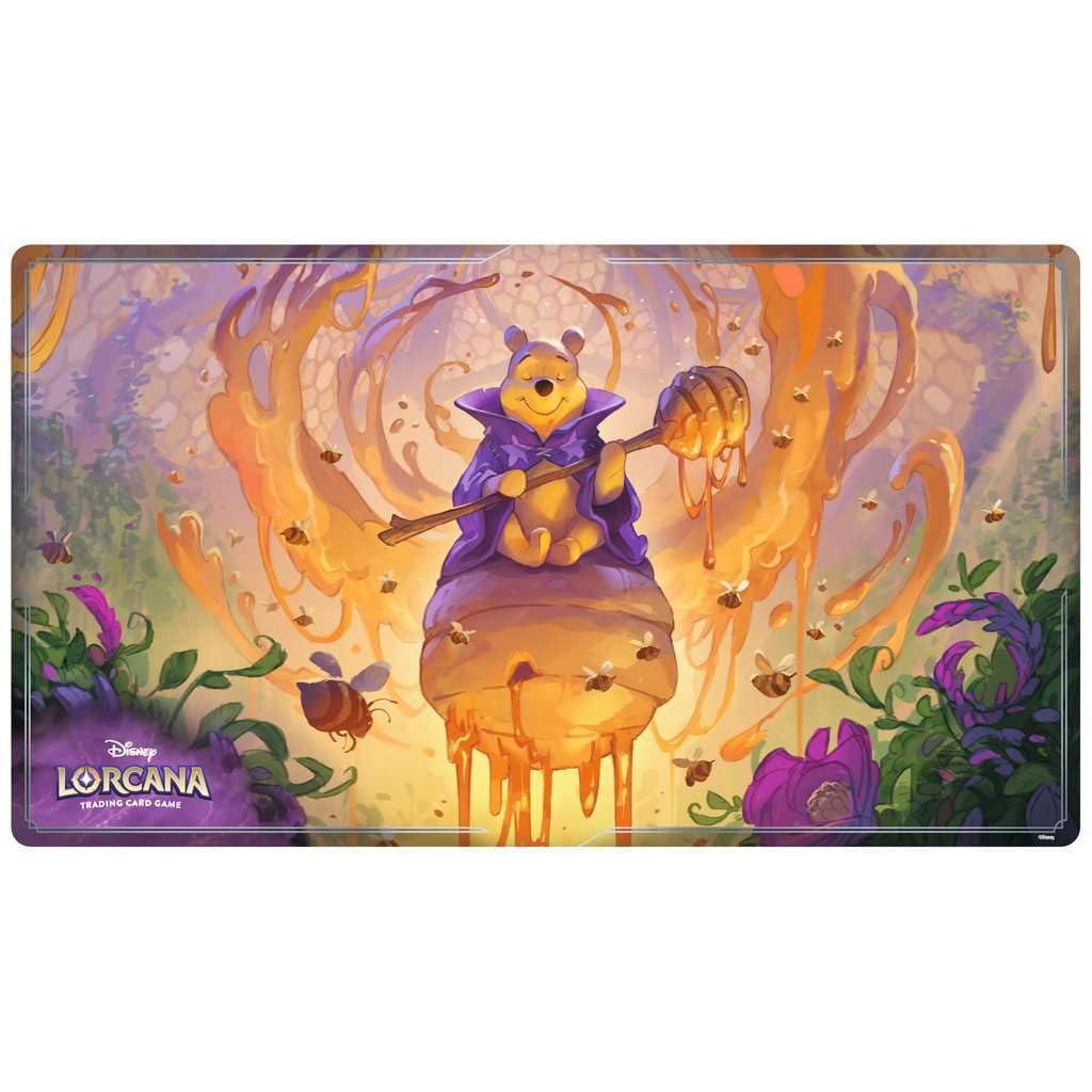Ravensburger Disney Lorcana Pooh Hunny Wizard playmat rolled compact for easy transport.