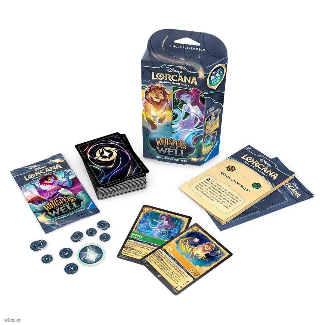 Ravensburger Disney Lorcana Whispers in the Well deck cover with amber and emerald accents for immersive play.