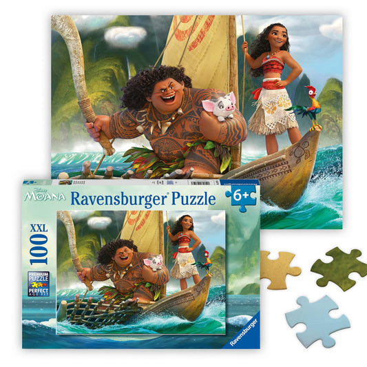 Ravensburger Disney Moana Maui 100-piece puzzle scene sparks imagination for kids aged 6 and up.