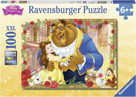 Ravensburger Disney Belle & Beast 100-piece puzzle assembly scene, supporting focus and problem-solving.
