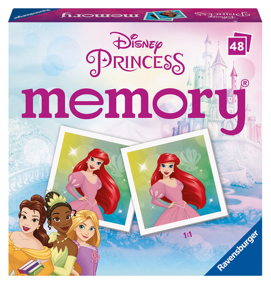 Ravensburger Disney Princess Mini Memory cards showcase vibrant princess illustrations for ages 3+ and memory skills.