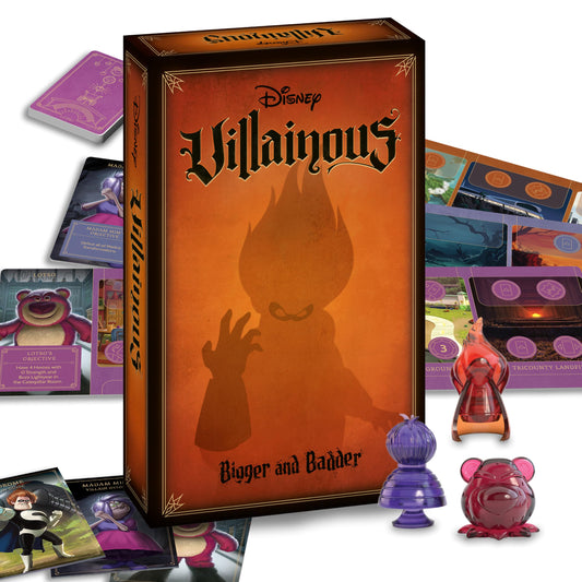 Ravensburger Disney Villainous Bigger and Badder box art displaying bold typography and villain aesthetics