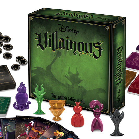 Ravensburger Disney Villainous box art showing iconic villain silhouettes for shelf appeal.