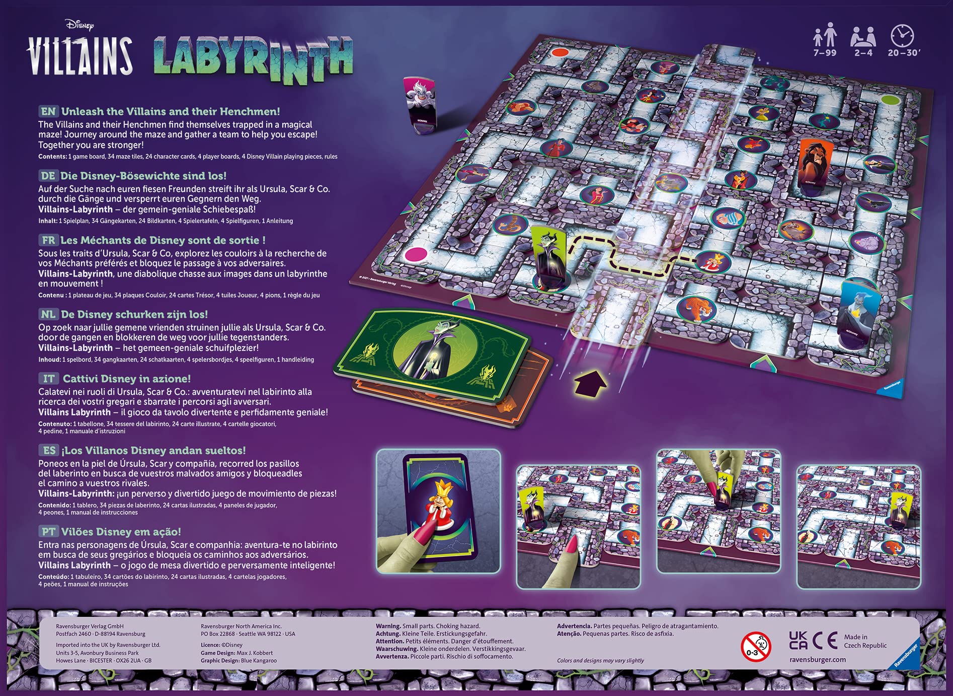 Ravensburger Disney Villains Labyrinth character cards featuring Scar, Maleficent, Hades, and Ursula.