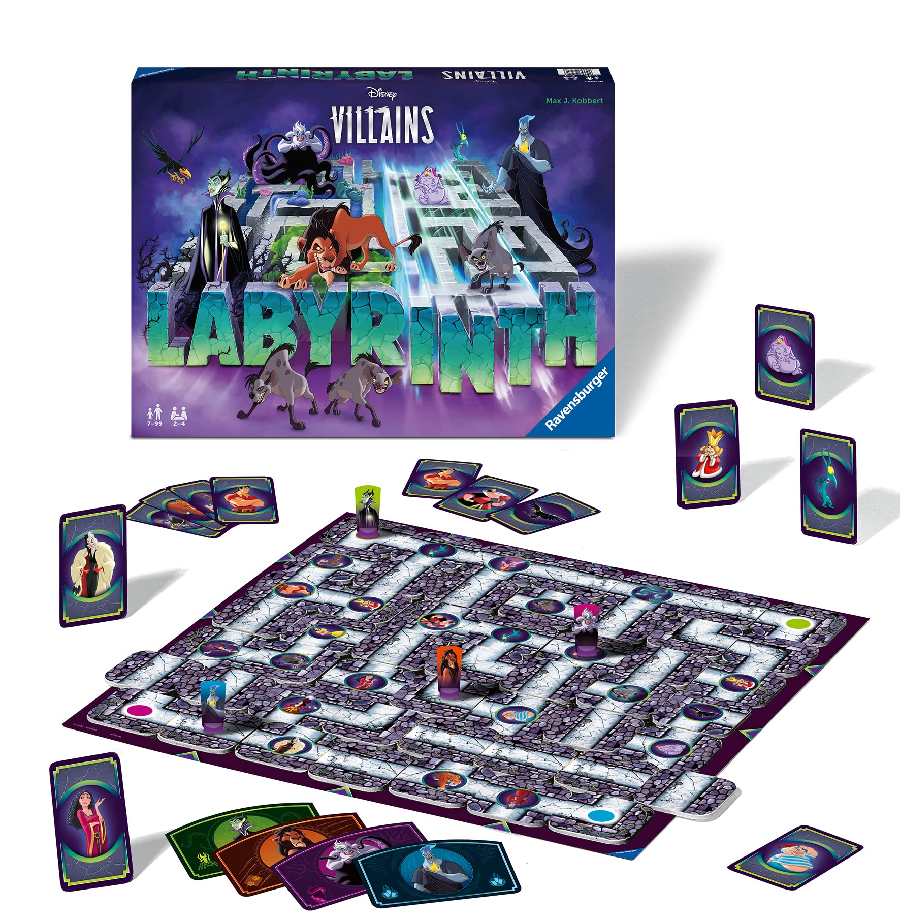 Ravensburger Disney Villains Labyrinth box and a cozy game night setup.