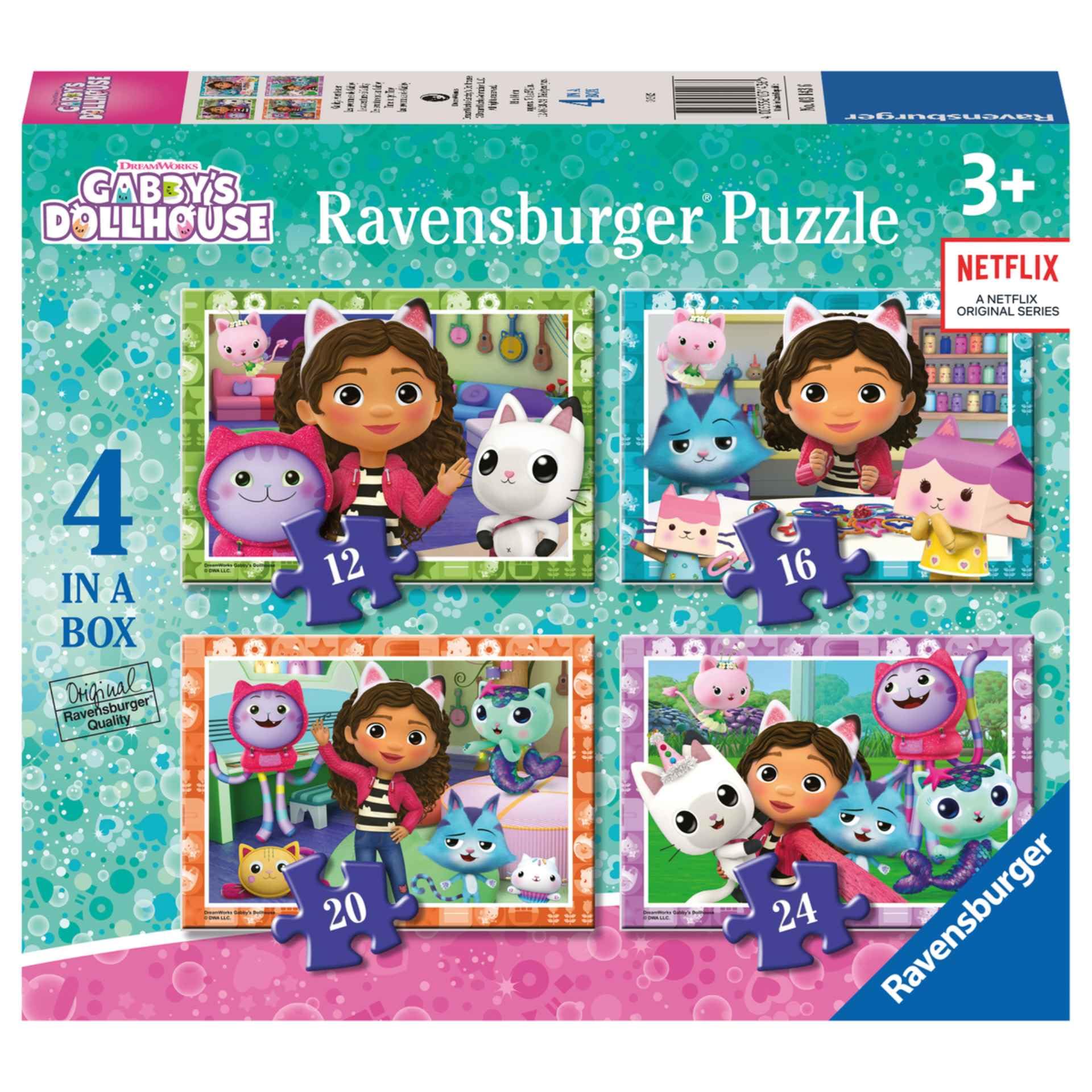 Ravensburger Gabby’s Dollhouse 12-piece puzzle box for ages 3+, supports concentration.