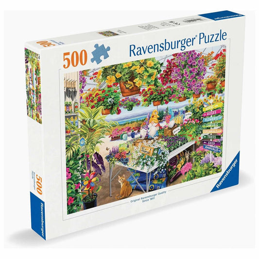 Ravensburger Glorious Garden Center puzzle with hanging baskets of blooms, perfect for relaxing afternoons