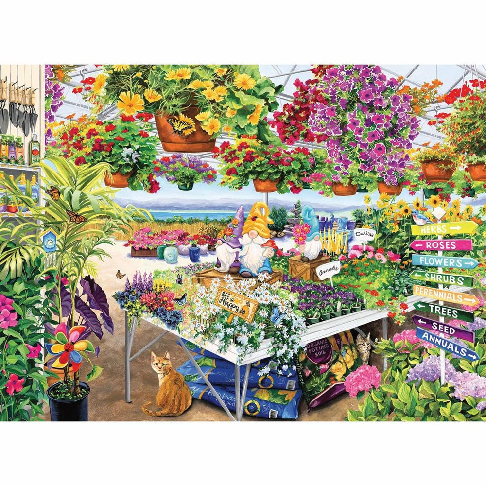 Ravensburger Glorious Garden Center puzzle shows a cheerful garden gnome, inviting cozy puzzle moments
