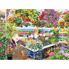 Ravensburger Glorious Garden Center puzzle shows a cheerful garden gnome, inviting cozy puzzle moments