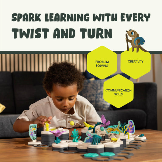 Ravensburger Gravitrax Junior Jungle Layout encourages hands-on exploration of gravity-friendly paths.