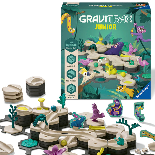 Ravensburger Gravitrax Junior Start Set with jungle layout for imaginative marble runs and problem solving.