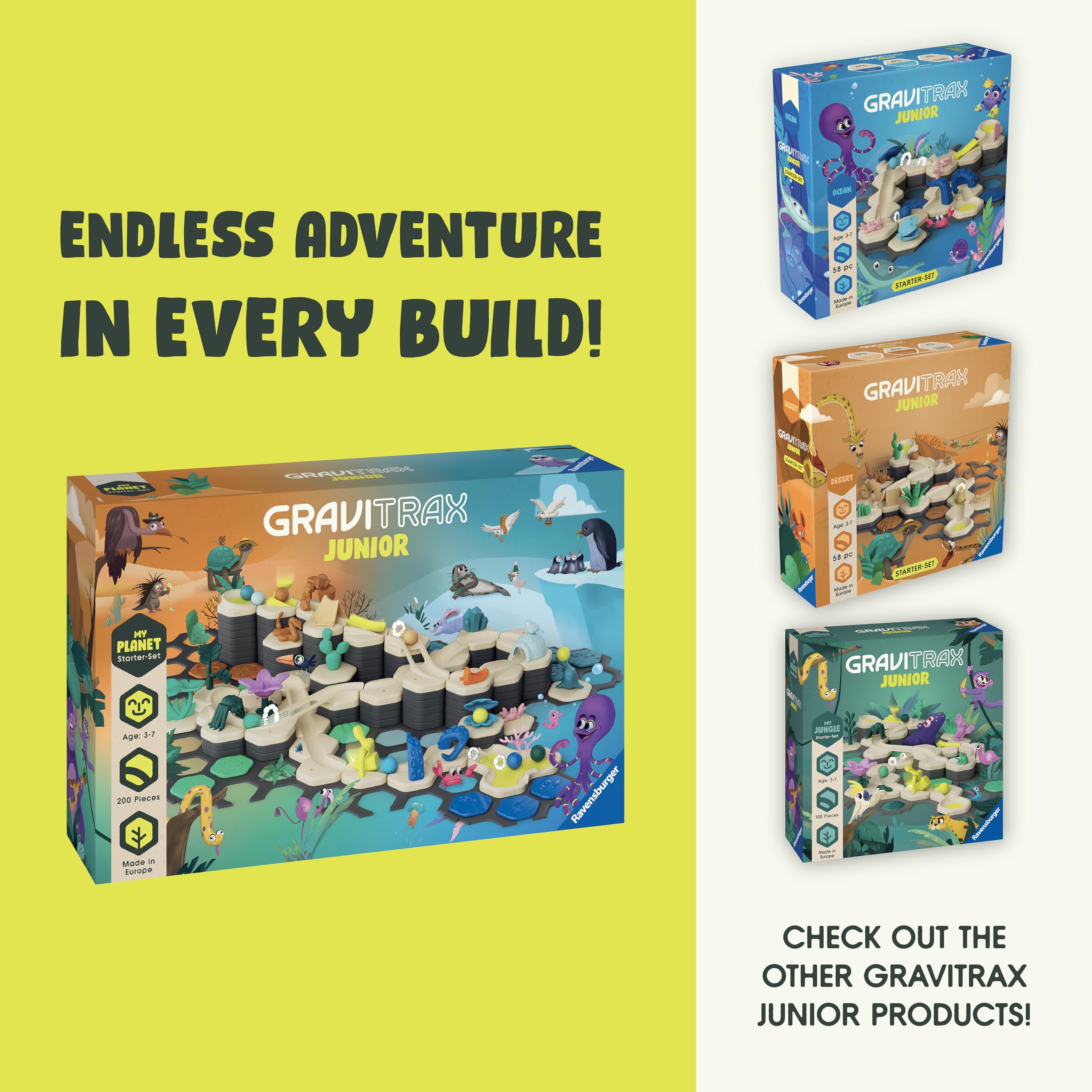 Ravensburger GraviTrax Junior gravity play supports collaborative marble racing and teamwork.