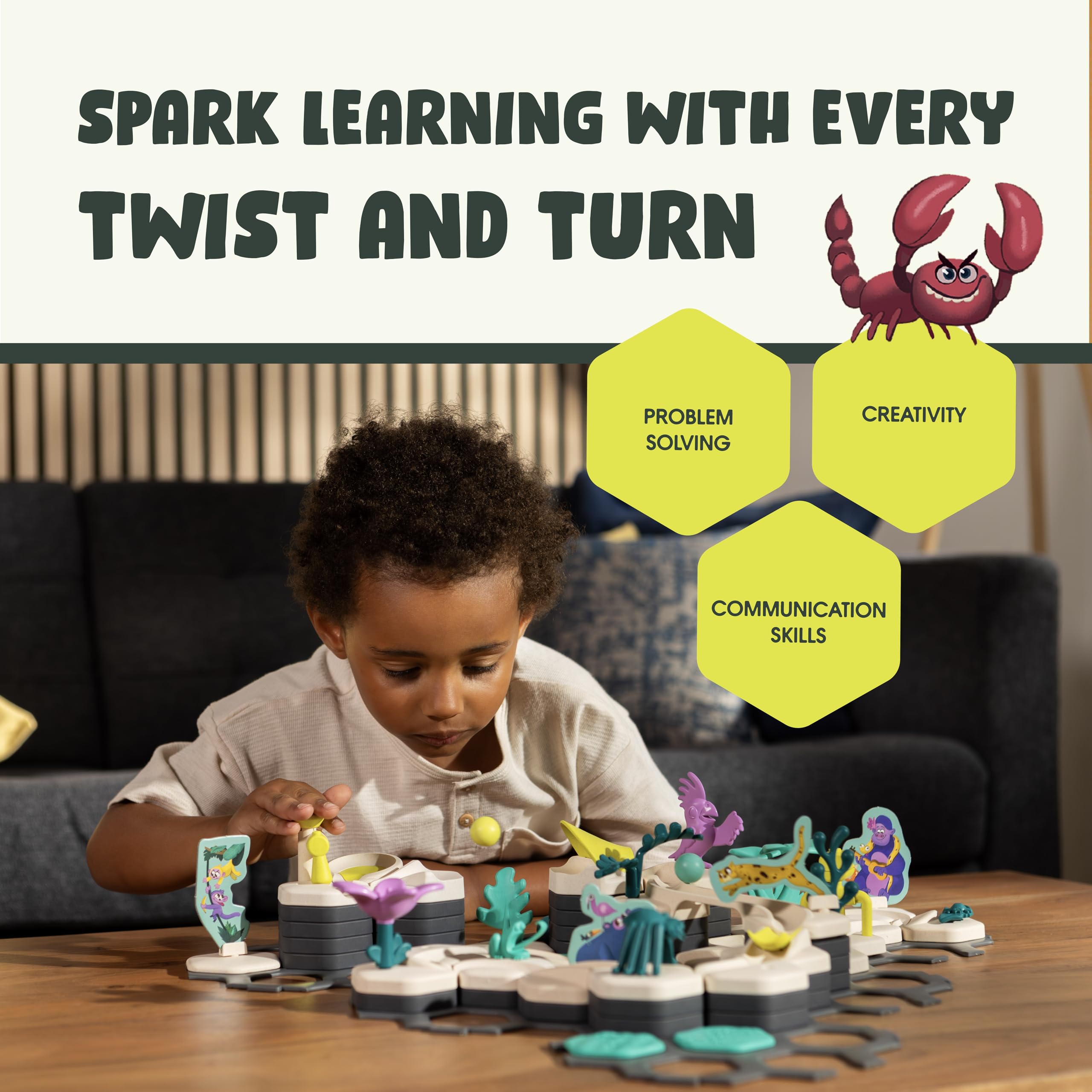 Ravensburger GraviTrax Junior marble-path challenge promotes spatial reasoning and planning.