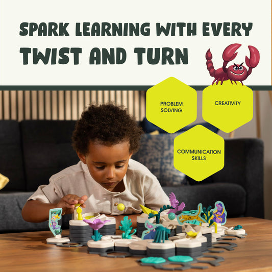Ravensburger GraviTrax Junior marble-path challenge promotes spatial reasoning and planning.