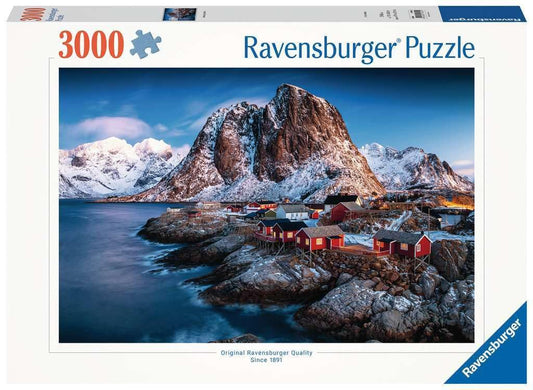 Ravensburger Hamnoy puzzle front view showcasing coastal village scene for focused puzzling