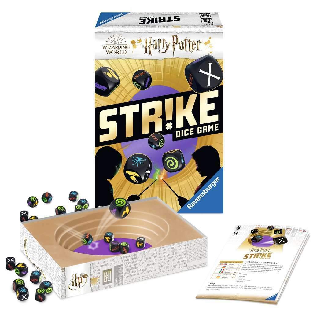 Ravensburger Harry Potter Strike game box showcases content and setup.