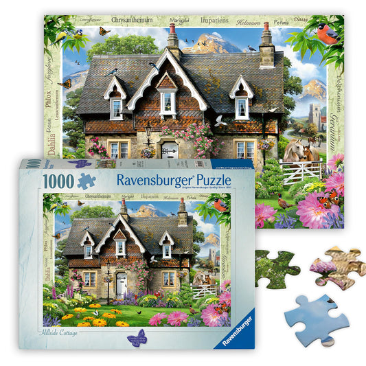 Ravensburger Hillside Cottage 1000-piece puzzle with rich colors for immersive puzzling sessions.