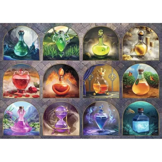 Ravensburger Magical Potions puzzle artwork with jewel-toned elixirs for focused puzzling.