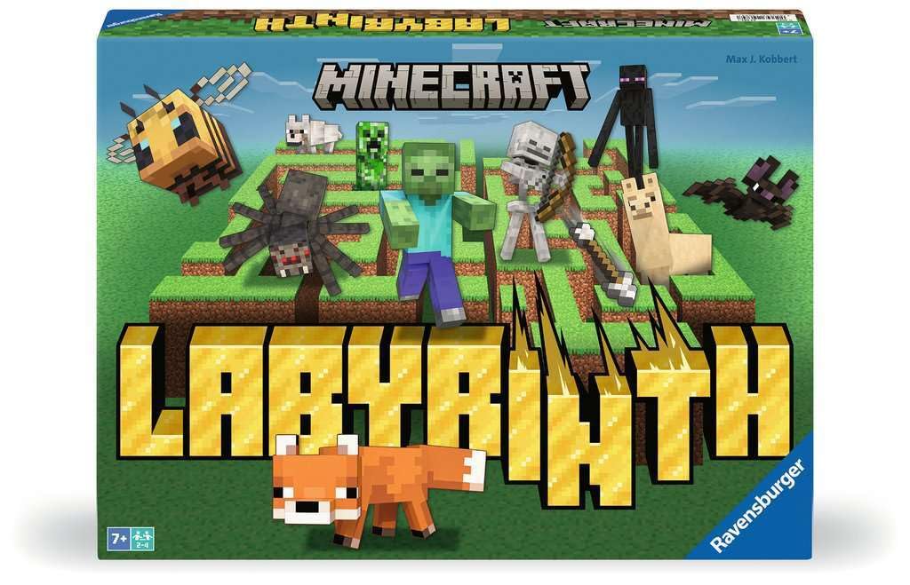Ravensburger Minecraft Labyrinth play scene showing shifting maze paths for 2-4 players
