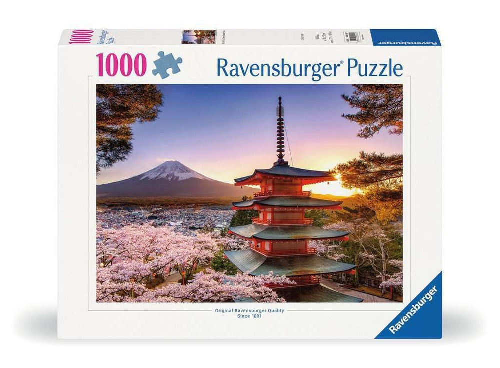 Ravensburger Mount Fuji Cherry Blossom puzzle with 1000 pieces, vivid spring scenery for mindful evenings.