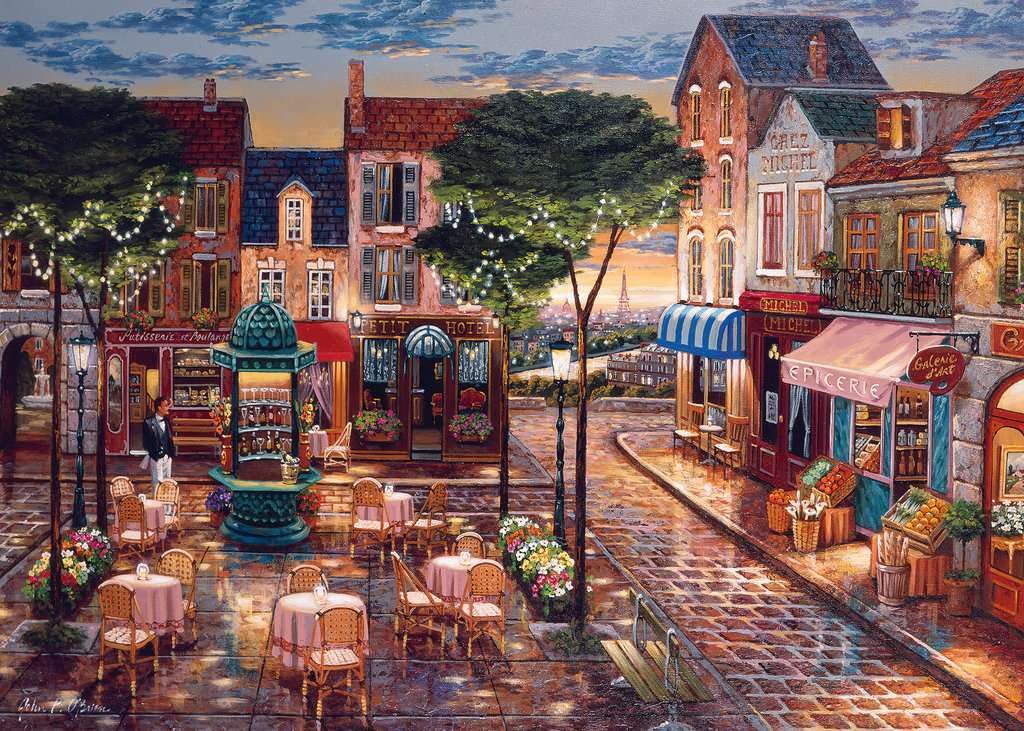 Ravensburger Paris Impressions dusk skyline shows vivid colors for immersive puzzling.
