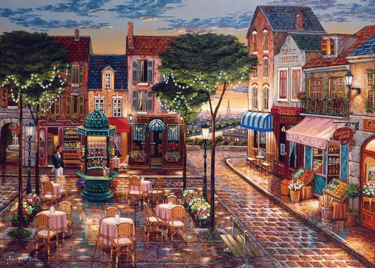 Ravensburger Paris Impressions dusk skyline shows vivid colors for immersive puzzling.