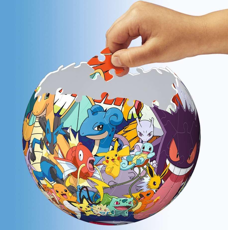 Ravensburger Pokemon ball stand displaying the completed puzzle proudly.