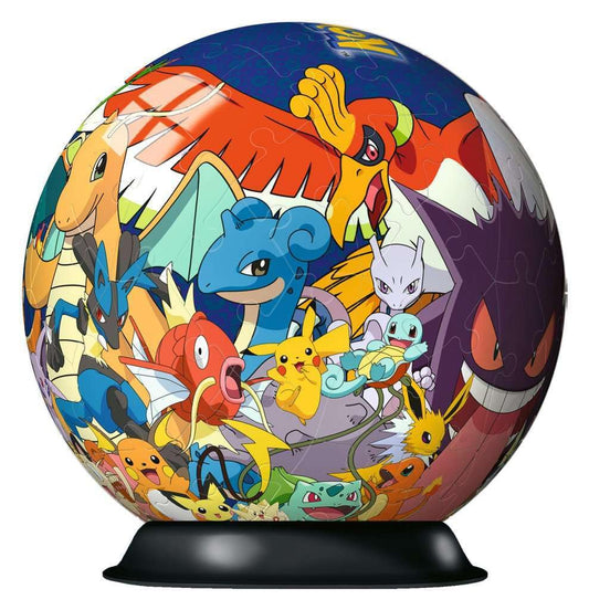 Ravensburger Pokemon characters display on the finished 3D ball for display-worthy decor.