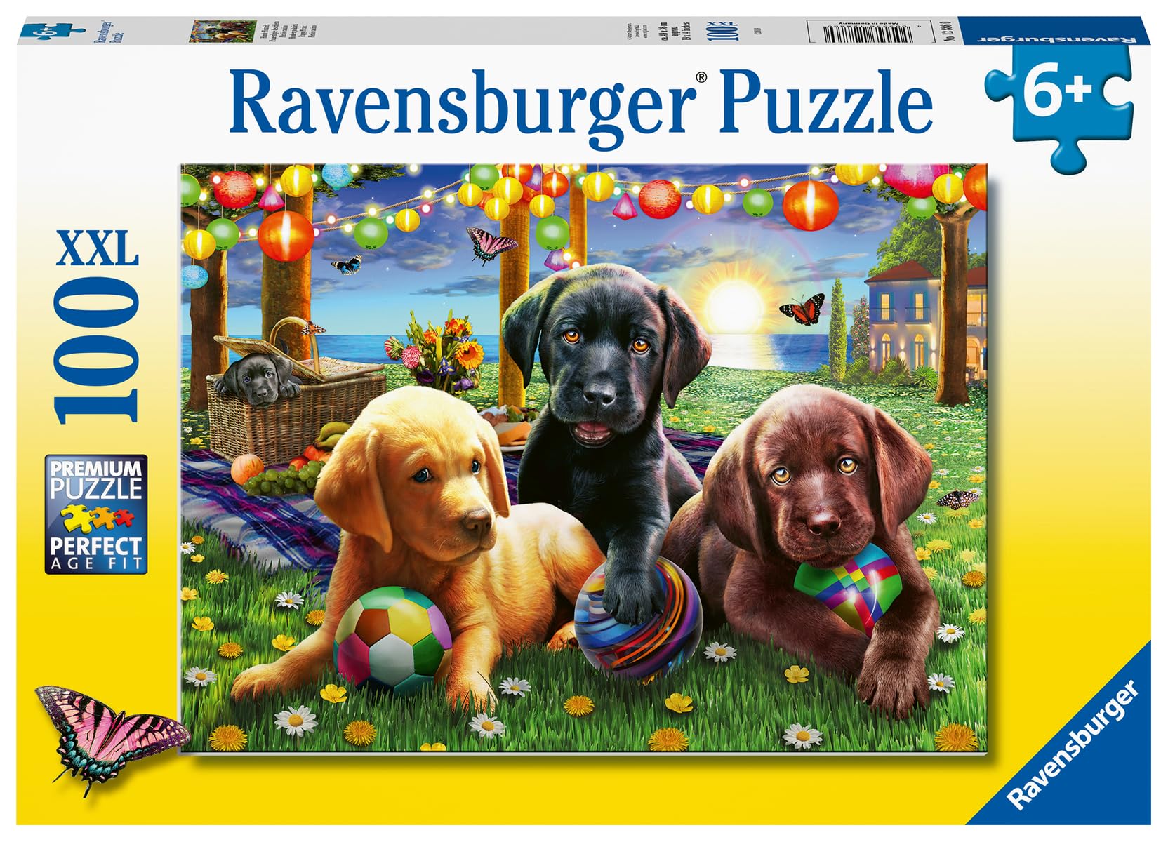 Ravensburger Puppy Picnic: colorful scene—stimulates imagination and outdoor play curiosity for young puzzlers.