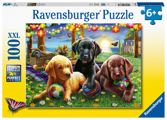 Ravensburger Puppy Picnic: colorful scene—stimulates imagination and outdoor play curiosity for young puzzlers.