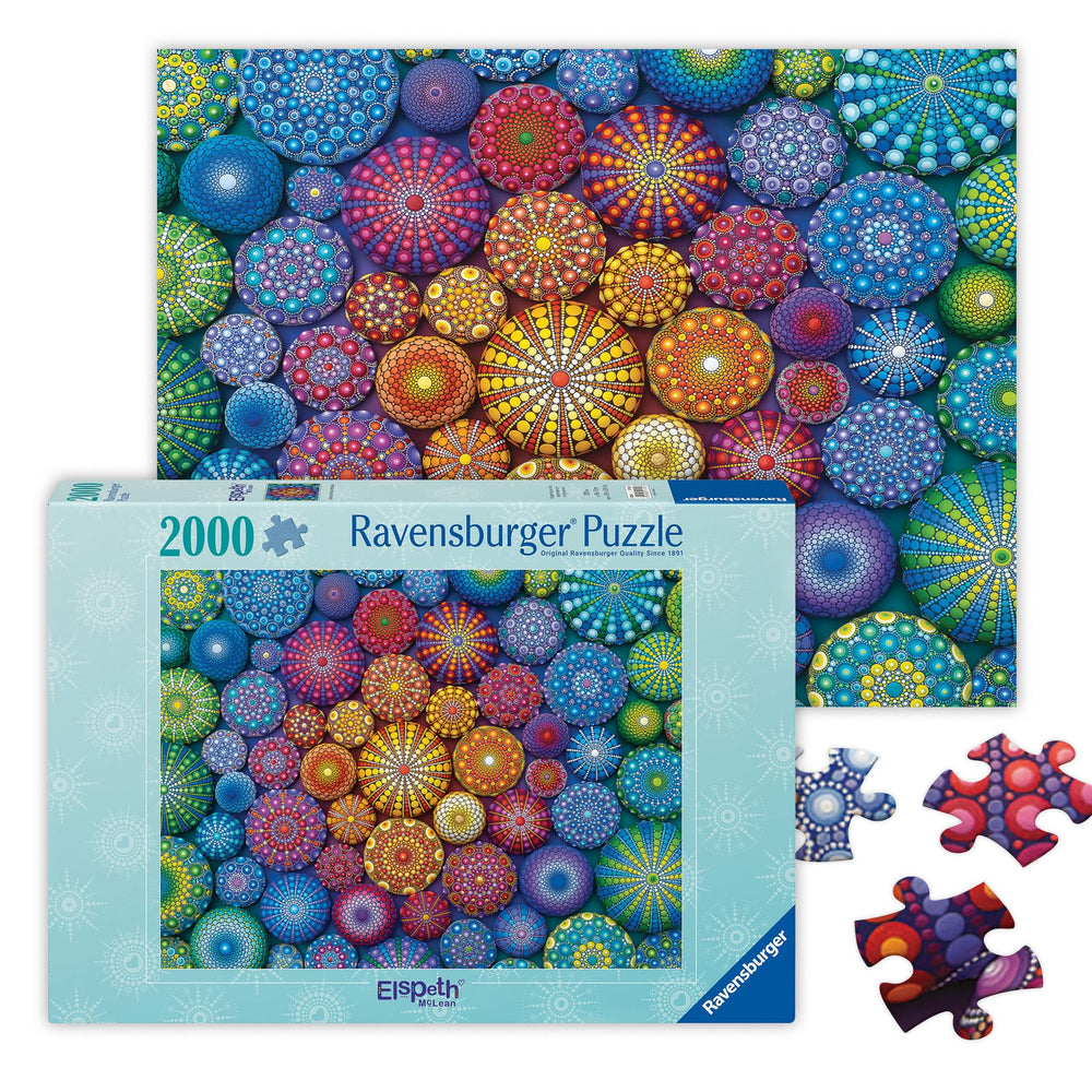 Ravensburger Radiating Rainbow Mandalas puzzle cover with vibrant colors for mindful puzzle-solving.