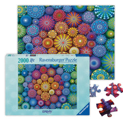 Ravensburger Radiating Rainbow Mandalas puzzle cover with vibrant colors for mindful puzzle-solving.