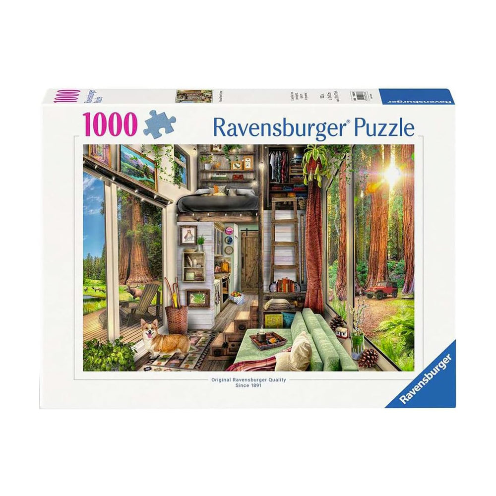 Ravensburger Redwood Forest Tiny House puzzle interior among towering trees, ideal for mindful puzzling