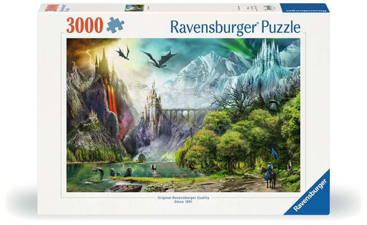 Ravensburger Reign of Dragons: dragons over castle in fiery skies, immersive fantasy puzzle.