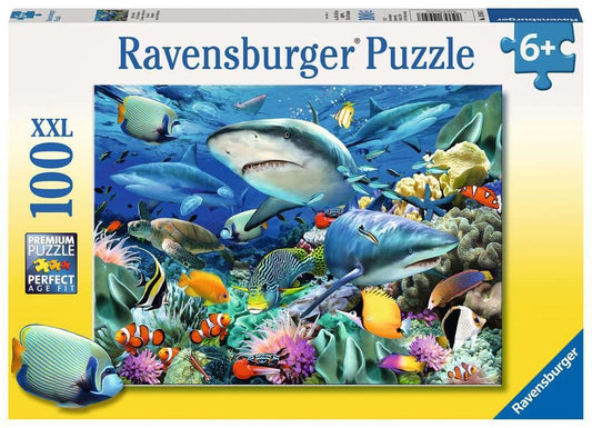 Ravensburger Shark Reef puzzle front view, vibrant ocean scene to boost focus