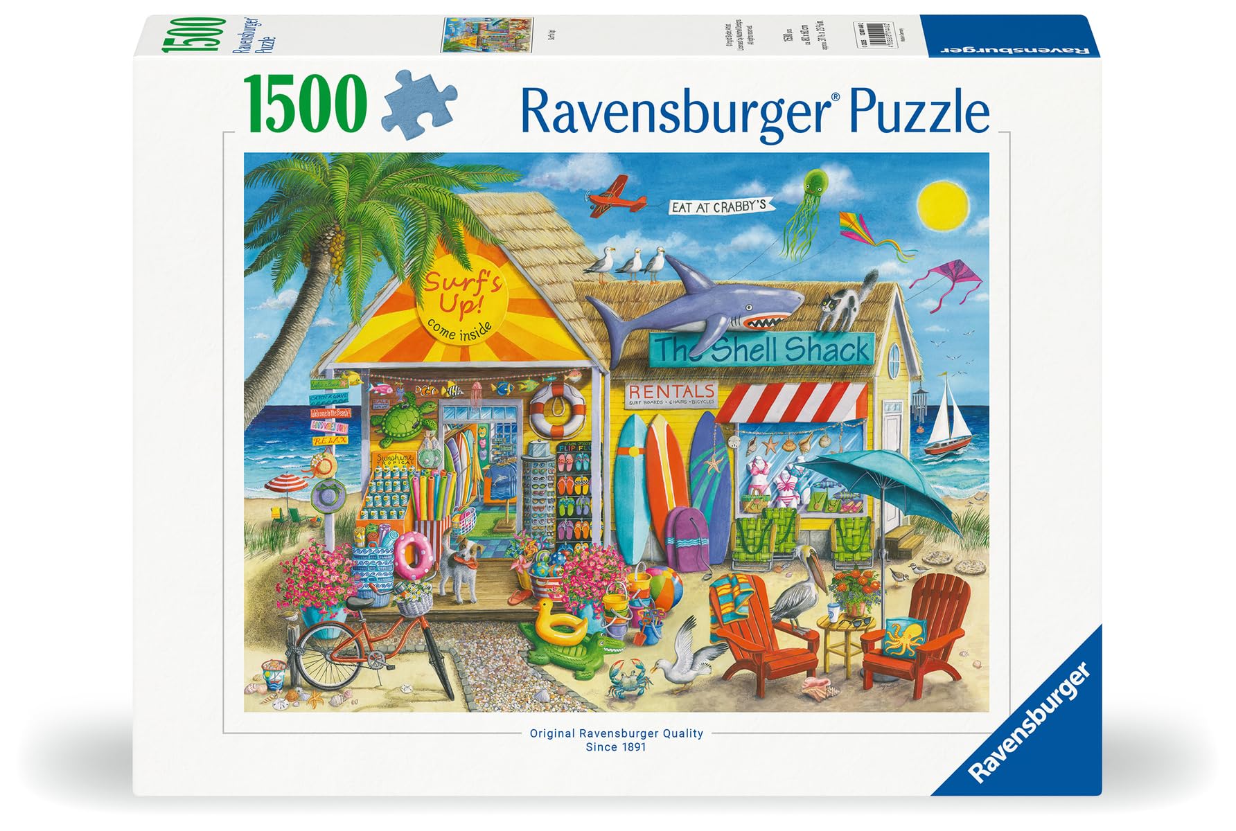 Ravensburger Surf's Up beach essentials image highlights sunscreen and flip-flops for a beach day vibe.