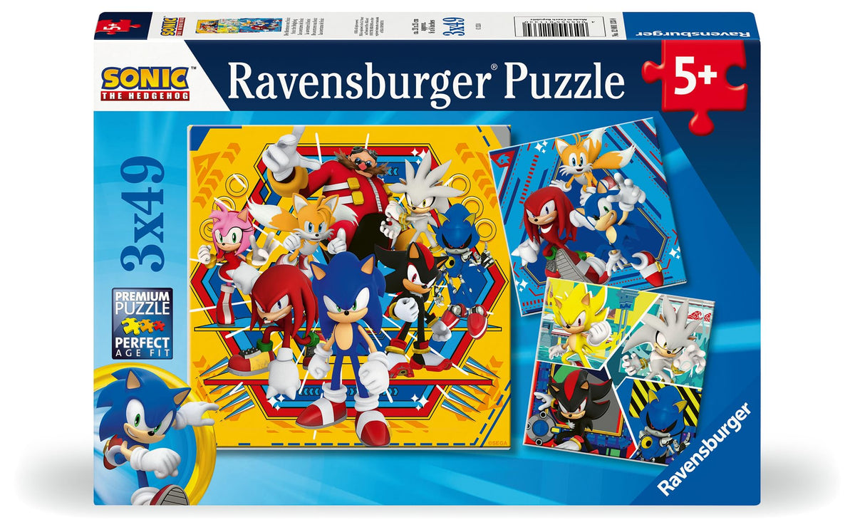 Ravensburger Sonic the Hedgehog 3x49 puzzle pack—colorful pieces for screen-free fun.