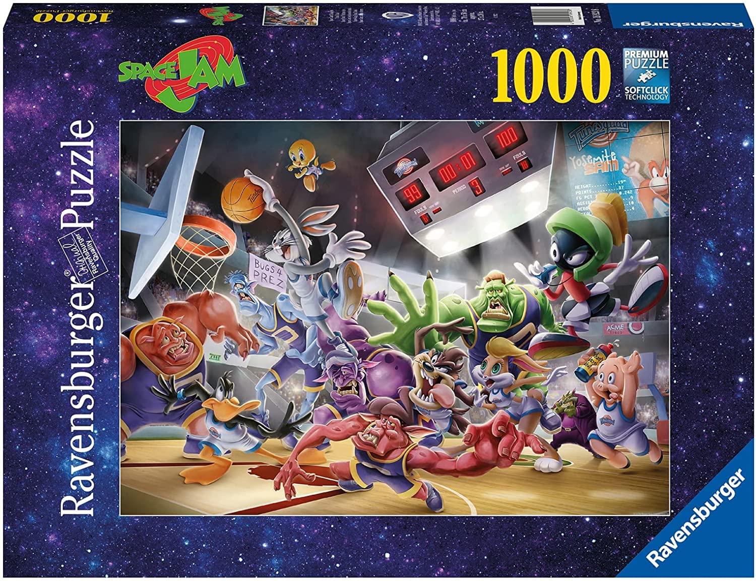 Ravensburger Space Jam Final Dunk puzzle box cover with vibrant action artwork for family fun