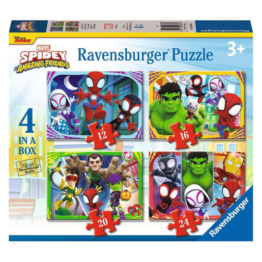 Ravensburger Spidey and His Amazing Friends 12-piece puzzle promotes early problem-solving through color-rich scenes.