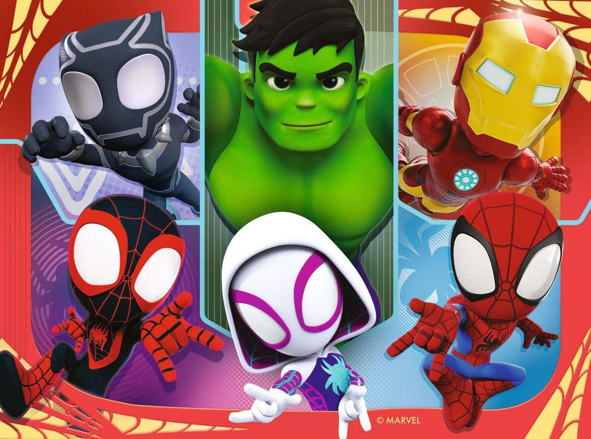 Ravensburger Spidey and His Amazing Friends 24-piece puzzle challenges skills with larger scenes and teamwork motifs.