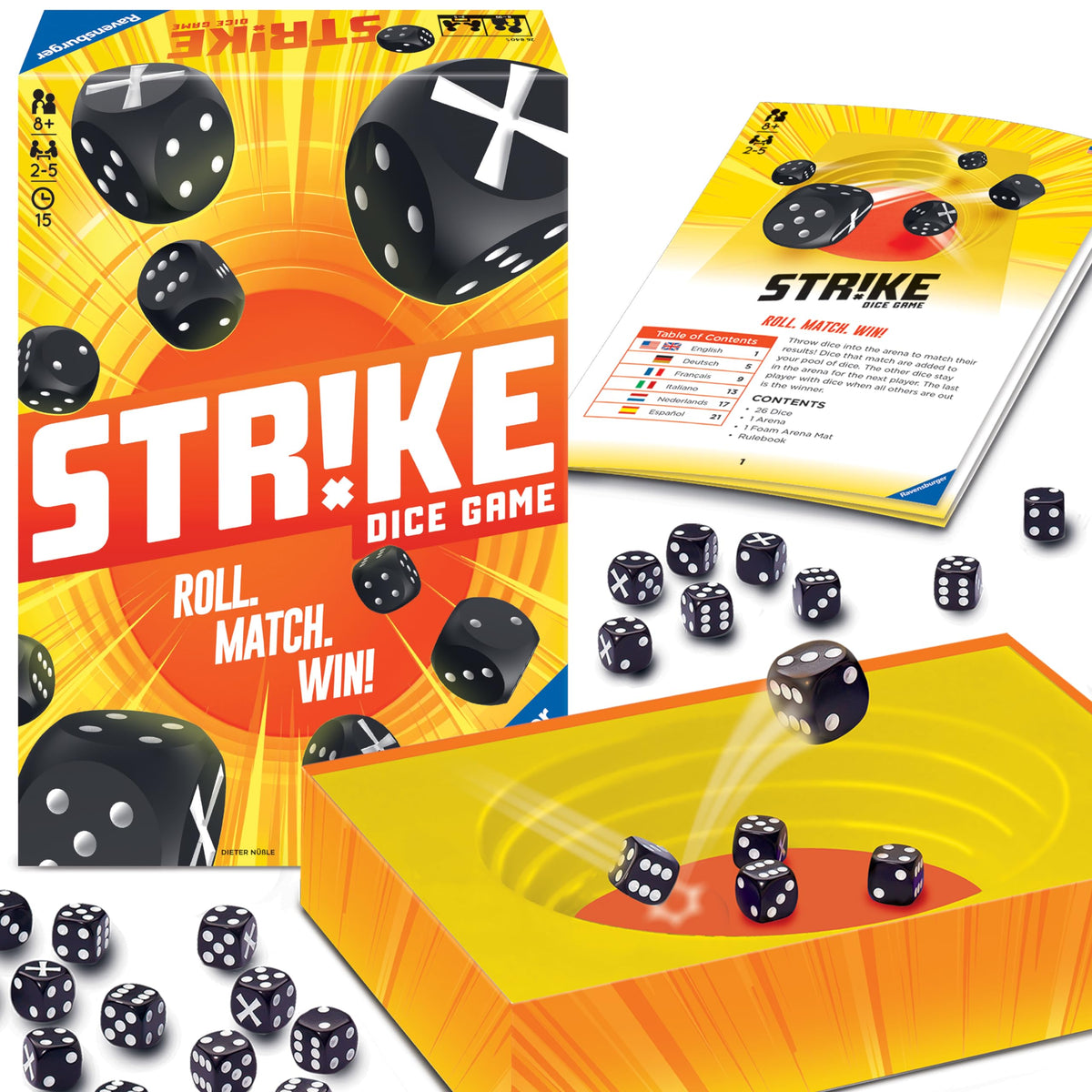 Ravensburger Strike dice arena close-up highlighting changing faces for memory and quick-thinking play.