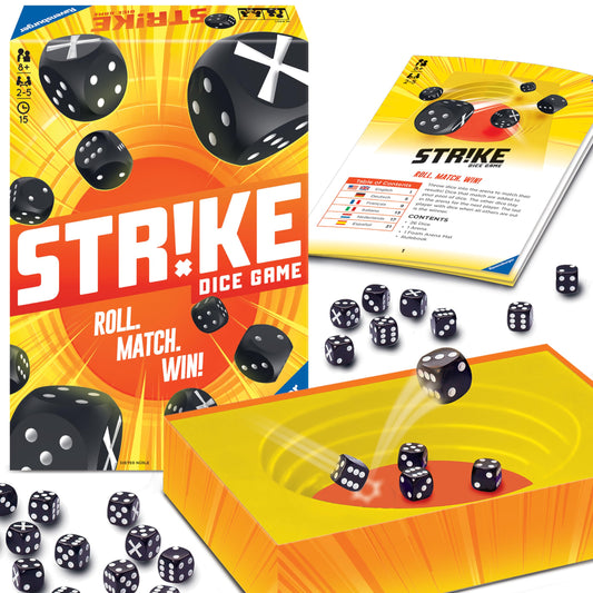 Ravensburger Strike dice arena close-up highlighting changing faces for memory and quick-thinking play.