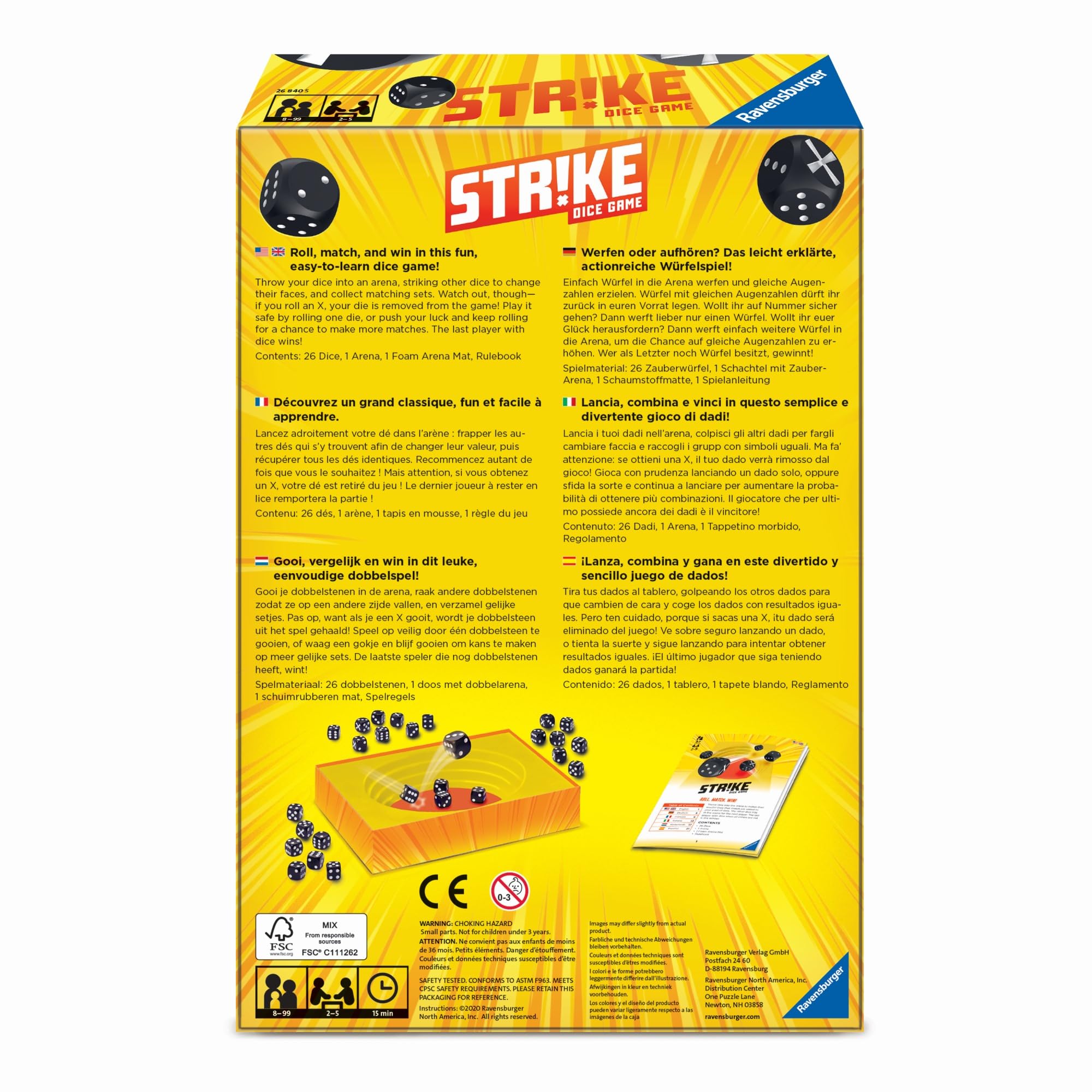 Ravensburger Strike in-box arena and dice tray in use, ideal for travel and gatherings.