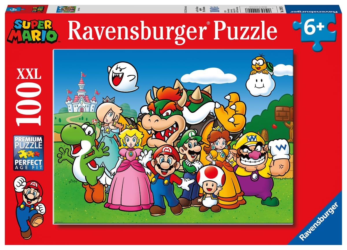 Ravensburger Super Mario 100-piece XXL puzzle shows Mario and friends for family fun.