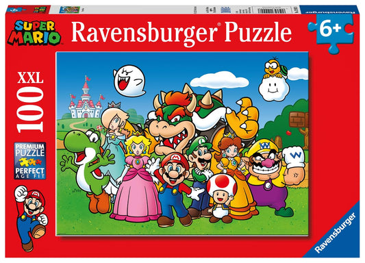 Ravensburger Super Mario 100-piece XXL puzzle shows Mario and friends for family fun.