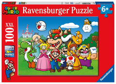 Ravensburger Super Mario 100-piece XXL puzzle shows Mario and friends for family fun.