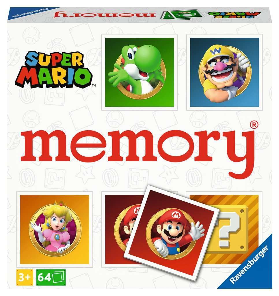 Ravensburger Super Mario Memory cards spread showing 32 pairs for family play.