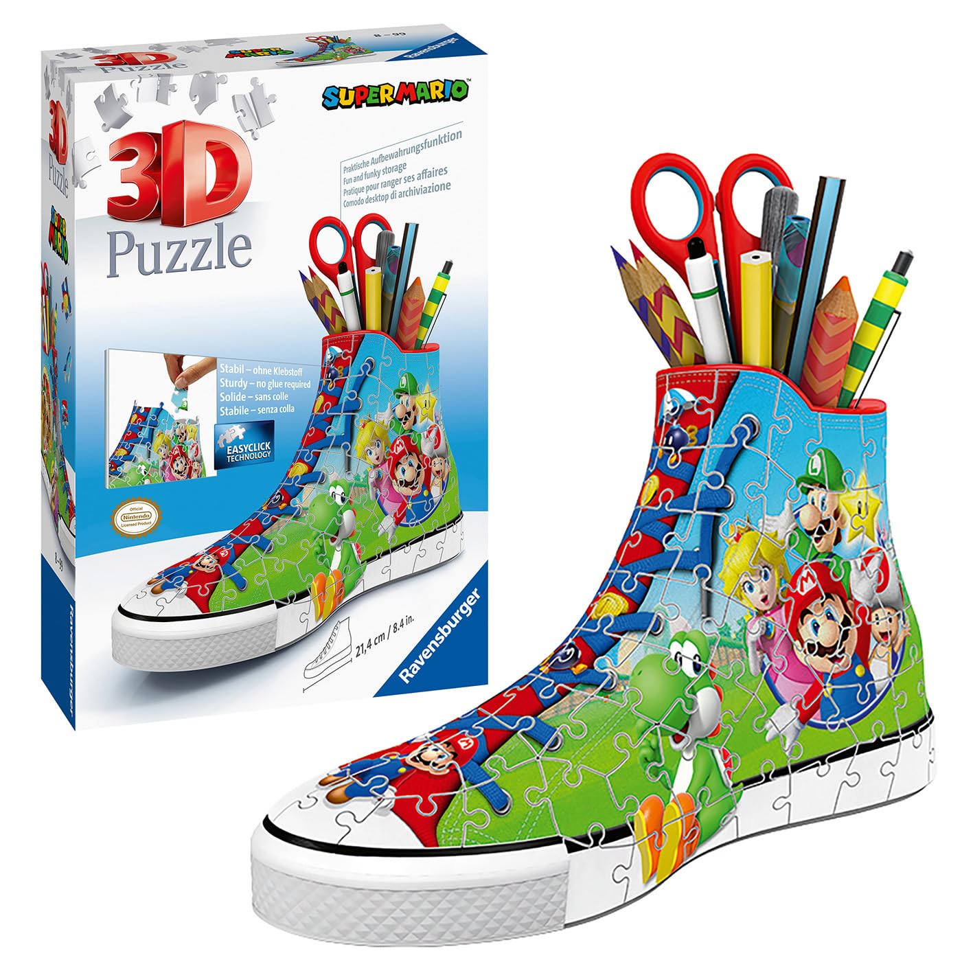 Ravensburger Super Mario Sneaker front view highlights vibrant artwork for display.