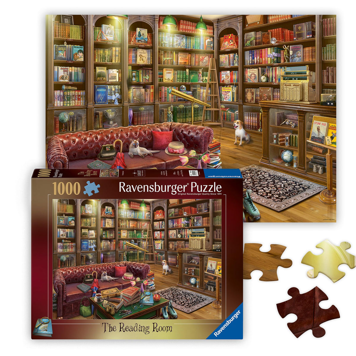 Ravensburger The Reading Room shows a cozy library with warm lamplight, ideal for relaxing puzzles.