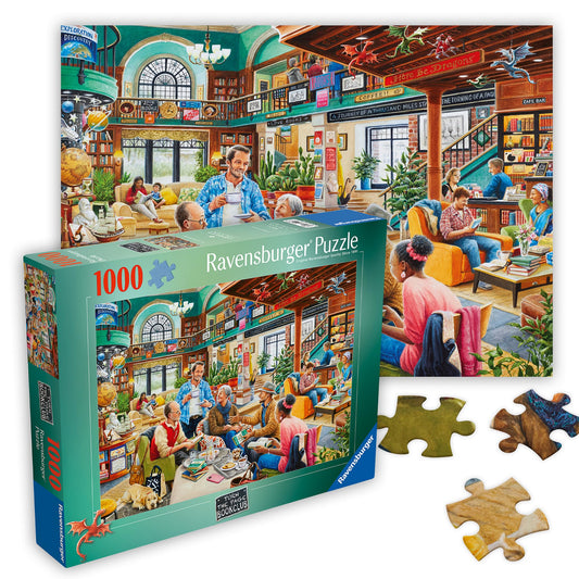 Ravensburger Turn The Page Bookclub puzzle scene, cozy shelves for calm puzzle time.